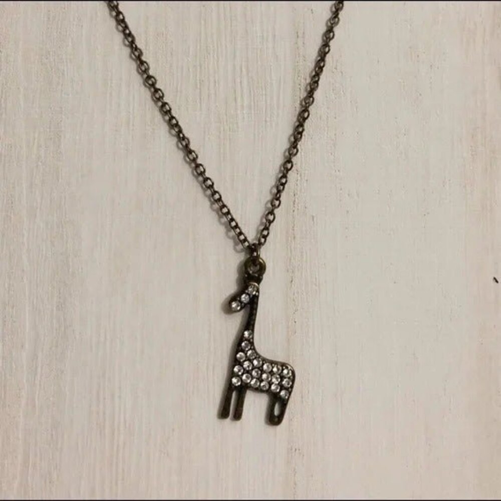 Rhinestone Giraffe Necklace Antiqued Gold Tone